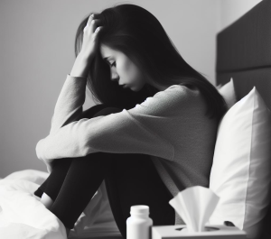 woman sitting on bed, head in hands, with tissues on the side table, dysregulated nervous system